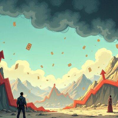 An illustration of a plummeting stock market graph with falling arrows and dollar signs scattered around it, while a lone figure stands at the bottom looking up at a distant mountain range labeled "Expectations", but instead shows only rocks and dust in place where a shiny new toy would be expected. The sky above is darkened by clouds shaped like money bags that are bursting open to reveal empty pockets inside