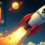An illustration of a rocket ship blasting off into space with flames shooting out from behind it; at the top left corner is an image of a rising stock market graph; on the right side are two images: one showing money flowing in, represented by arrows pointing upwards and coins pouring down, while another shows 40% marked as being locked away. The rocket ship has 'Ethereum' written across its body with flames forming into dollar signs at their tips. In space above it is an image of a rising sun symbolizing growth;