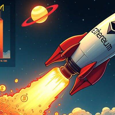 An illustration of a rocket ship blasting off into space with flames shooting out from behind it; at the top left corner is an image of a rising stock market graph; on the right side are two images: one showing money flowing in, represented by arrows pointing upwards and coins pouring down, while another shows 40% marked as being locked away. The rocket ship has 'Ethereum' written across its body with flames forming into dollar signs at their tips. In space above it is an image of a rising sun symbolizing growth;
