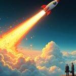 An illustration depicting a rocket ship blasting off into space with flames erupting from its engines as it soars above an image of Ethereum's logo. The rocket passes through layers of clouds representing different blockchain solutions and decentralized applications on top of each other before reaching the sky, symbolizing growth in activity and adoption. In the background, there is a faint outline of traditional finance investors looking up at the rising rocket with hopeful expressions, while others are shown holding briefcases filled with money as they look away from the scene.