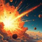 An illustration of a massive explosion in space with various asteroids and planets flying away from each center point; some are intact while others have been destroyed or disintegrated into smaller pieces. In the background, several stars can be seen fading out as they disappear behind clouds of debris. The colors used range from deep blues to fiery oranges, conveying chaos and destruction. A faint outline of a network map is visible in the distance with various nodes connecting different points on the illustration. Some areas are highlighted by bright lights while others remain darkened.