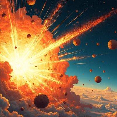 An illustration of a massive explosion in space with various asteroids and planets flying away from each center point; some are intact while others have been destroyed or disintegrated into smaller pieces. In the background, several stars can be seen fading out as they disappear behind clouds of debris. The colors used range from deep blues to fiery oranges, conveying chaos and destruction. A faint outline of a network map is visible in the distance with various nodes connecting different points on the illustration. Some areas are highlighted by bright lights while others remain darkened.