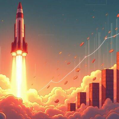 An illustration of a rocket blasting off into the sky with flames and smoke behind it; in front of the rocket is an increasing line graph representing growth; at the top right corner there are several small blocks stacked together forming a tower that gets higher as you move up. The background has subtle layer-2 blockchain network patterns, while the foreground shows faint outlines of memecoins floating around the rocket and growing larger with each passing second. In contrast to the chaotic scene in front of it, the rocket itself is sleek and streamlined;