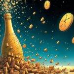 An illustration of an overflowing champagne bottle with 120 million bubbles rising into the air as they burst through its cork; in the background, two large coins are shown: one is broken apart by cracks while the other has a crack spreading across it; above them, three smaller coins float upwards amidst more bursting bubbles. The scene takes place against a dark blue sky filled with stars and moonlight shining down on everything. In the foreground, there's an abundance of scattered champagne corks that resemble tiny shards or fragments as if they've been shattered by some unseen force.