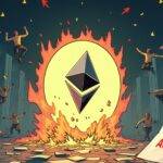 An illustration of an Ethereum logo with its value dropping down through a series of descending lines and arrows, while at the same time showing people jumping out of windows in panic as their bank accounts are being drained. The scene is set against a backdrop of falling prices on stock tickers and graphs displaying red numbers indicating losses. In the foreground, there's an image of a calendar with August marked off one by one, each day representing another step closer to inevitable bankruptcy for Ethereum traders.