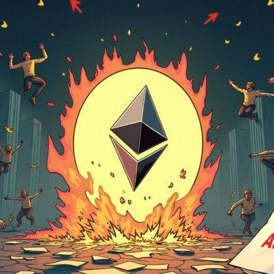 An illustration of an Ethereum logo with its value dropping down through a series of descending lines and arrows, while at the same time showing people jumping out of windows in panic as their bank accounts are being drained. The scene is set against a backdrop of falling prices on stock tickers and graphs displaying red numbers indicating losses. In the foreground, there's an image of a calendar with August marked off one by one, each day representing another step closer to inevitable bankruptcy for Ethereum traders.