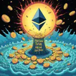 A cartoon Ethereum logo is surrounded by a halo of coins with dollar signs falling from them, while below it an illustration depicts a layer 2 network being pulled down into a vortex labeled 'TVL' (Total Value Locked) as more and more tokens are added to the restaking pool.