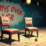 An illustration of an empty dance floor with two chairs at its center; one chair has a name tag reading 'ETHTEH' while the other is labeled as 'My Aunt'; both chairs have Jell-O shots on their tables and are surrounded by scattered party decorations. The walls behind them feature faded graffiti that reads "Party's Over" in bold letters, with broken balloons hanging from above; at floor level a trail of spilled drinks leads out into darkness. In the background, an abandoned DJ booth stands silent amidst discarded music equipment.
