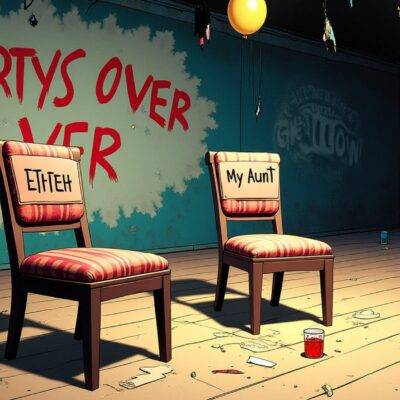 An illustration of an empty dance floor with two chairs at its center; one chair has a name tag reading 'ETHTEH' while the other is labeled as 'My Aunt'; both chairs have Jell-O shots on their tables and are surrounded by scattered party decorations. The walls behind them feature faded graffiti that reads "Party's Over" in bold letters, with broken balloons hanging from above; at floor level a trail of spilled drinks leads out into darkness. In the background, an abandoned DJ booth stands silent amidst discarded music equipment.