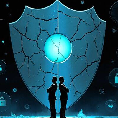 An illustration of a shield with multiple layers and cracks repaired, surrounded by various security-related icons such as locks, keys, firewalls, etc., in front of a dark background representing vulnerabilities; at the top left corner is an image of a vault door opening to reveal a bright interior. In the bottom right corner are two figures standing back-to-back looking outwards with their arms crossed and confident expressions on their faces. The overall atmosphere conveys protection, vigilance, and preparedness for potential threats.