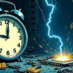 An illustration of a clock with its hands frozen at 11:59 PM and an email icon stuck between 'sent' and 'delivered', surrounded by gears, wires and circuit boards in a dark blue background, while lightning bolts illuminate the scene from above. A chip is shown being inserted into a motherboard as sparks fly out. In the foreground, there are scattered fragments of broken chains with padlocks on them. The overall atmosphere conveys urgency, anticipation and freedom.