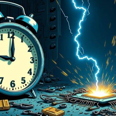 An illustration of a clock with its hands frozen at 11:59 PM and an email icon stuck between 'sent' and 'delivered', surrounded by gears, wires and circuit boards in a dark blue background, while lightning bolts illuminate the scene from above. A chip is shown being inserted into a motherboard as sparks fly out. In the foreground, there are scattered fragments of broken chains with padlocks on them. The overall atmosphere conveys urgency, anticipation and freedom.