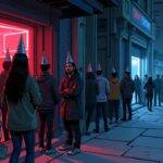 An illustration of a group of people standing at an entrance of a club wearing party hats but looking sad or disappointed with their faces downcast while others are walking away from them in opposite direction. The background is darkened, only lit by faint neon lights indicating that it's late night/early morning hours and the atmosphere feels gloomy despite being near a nightclub setting. One person at the entrance holds an invitation card but looks uninterested as well.