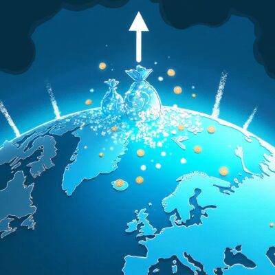 An illustration of three-quarters of a globe being engulfed by dark clouds while one-quarter remains bright blue; an arrow pointing downwards from the top quarter to emphasize its descent into darkness, with faint outlines of money bags and coins scattered across it. In contrast, the remaining quarter is surrounded by rays of light that form shapes resembling virtual assets or cryptocurrencies. A subtle line separates these two contrasting sections, hinting at a divide between compliance and non-compliance with anti-money laundering standards for the virtual asset sector.