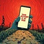 An illustration of a person holding their phone with an urgent message displayed: "Your Account Is At Risk". The background is filled with swirling red lines indicating chaos while in the foreground there are broken chains symbolizing freedom from scams but also scattered coins and keys suggesting loss. A shadowy figure lurks at the edge, hinting at the scammer's presence. In contrast to this ominous scene, a simple yet clear path leads out of the mess, lined with greenery representing safety and security.
