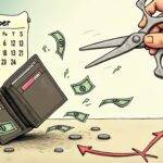 An illustration of an empty wallet with cash flying out in all directions while being chased after by a giant hand holding a pair of scissors. The background features a calendar flipping to September and falling apart as it does so. A faint image of a person running away from the scene can be seen at the top, looking worried. In the foreground, there is an arrow pointing downwards with a red X marked through it next to some scattered coins.