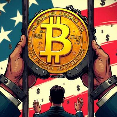 An illustration of a cryptocurrency token with chains locked around it as if in handcuffs being held up against the backdrop of an American flag, while two men are shown standing behind bars. The background is filled with falling dollar signs that have been replaced by broken chains symbolizing freedom from manipulation and corruption. A faint image of a trading bot can be seen on one side of the illustration surrounded by red warning lights as if malfunctioning.