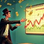 An illustration of a magician pulling out money from thin air with dollar and pound signs swirling around him. The background is filled with graphs showing economic data in red and green colors indicating rising or falling trends. A calendar on the wall shows September highlighted as it's being pulled towards the foreground by an invisible force, symbolizing the impending interest rate cut decision of the Federal Reserve. In the bottom left corner a faint image of two hands shaking can be seen through a broken glass window hinting at market volatility and uncertainty.