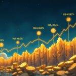 An illustration featuring an upward trend line with multiple peaks representing bitcoin's predicted prices for 2024-2030; at each peak is a small chart showing varying levels of volatility; below the trend line is a graph displaying institutional adoption and technological advancements in Bitcoin Lightning Network. In the background are subtle hints of gold, symbolizing its store-of-value status. The overall atmosphere conveys optimism with slight undertones of caution due to potential price fluctuations.