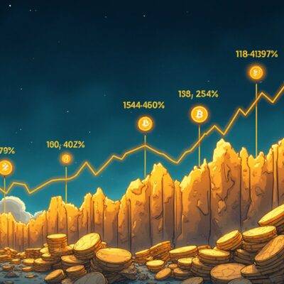 An illustration featuring an upward trend line with multiple peaks representing bitcoin's predicted prices for 2024-2030; at each peak is a small chart showing varying levels of volatility; below the trend line is a graph displaying institutional adoption and technological advancements in Bitcoin Lightning Network. In the background are subtle hints of gold, symbolizing its store-of-value status. The overall atmosphere conveys optimism with slight undertones of caution due to potential price fluctuations.