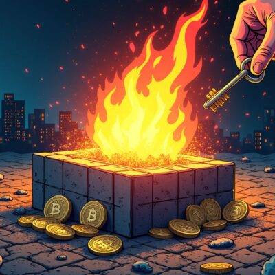 An illustration of a fireblock with flames rising from it, surrounded by various digital assets such as cryptocurrencies and NFTs being stored safely within the block's walls. The background is dark blue representing trust and security while the foreground has bright colors indicating growth and stability. A key in hand symbolizes access to these secure storage solutions for institutional clients. In the top left corner a New York city skyline with skyscrapers can be seen, signifying regulation under NYDFS. At the bottom right of the image is an anchor representing stability and reliability.