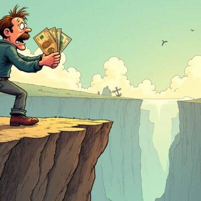 An illustration of a person holding onto their life savings in one hand and a Swiss franc note in the other as they stand at the edge of a cliff overlooking a chasm below. The ground beneath them is crumbling, symbolizing instability. A faint image of an anchor can be seen on the horizon, barely visible above the clouds. In the distance, smoke rises from what appears to be a bank building collapse.  The person's face contorts in worry and fear as they struggle to maintain their grip on both hands.