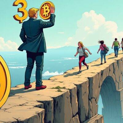 An illustration of a person (Trump) standing on top of a mountain, holding a large number 3 in the air while looking down at another person (Harris) who is scrambling and falling. The background shows two lines with people walking towards Trump's side, one line labeled as "pro-bitcoin" and the other as "pro-crypto". A third line on Harris' side has fewer people running away from her. In the foreground a large bitcoin logo sits next to an arrow pointing up while another arrow points down near Harris.