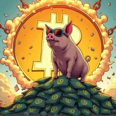 An illustration of a pig wearing sunglasses standing on top of a pile of money bags with dollar signs flying out from the center. The pig is surrounded by broken chains and shattered glass representing failure. A large cryptocurrency symbol (e.g., Bitcoin) looms above, partially obscured by clouds that resemble smoke or steam indicating chaos. In the background, a bank building lies in ruins amidst flames and destruction signifying collapse.