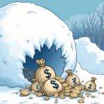 An illustration of a giant snowball rolling down a mountain with various financial symbols (stocks, bonds, coins) embedded in its surface; at the bottom of the image is an avalanche network logo surrounded by smaller money bags overflowing into each other as if pouring out onto the ground below. The background features subtle layers of blockchain technology elements and digital asset icons intertwined like tree branches on a winter forest landscape.  A stylized version of Franklin Templeton's corporate identity appears at the top left corner, while an avalanche icon is embedded in its center;