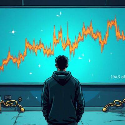 An illustration of a person standing in front of a large screen displaying a graph with two lines representing Bitcoin and Ethereum prices, while other cryptocurrencies are shown on shelves behind them, locked away from view by chains and padlocks, suggesting they may be included in the future but not yet available for investment. The person is holding a key that unlocks one of the locks, symbolizing access to new assets as regulations evolve