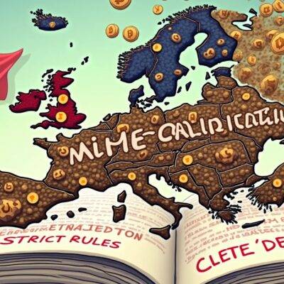 An illustration of a French flag waving above the Eiffel Tower while being surrounded by various crypto symbols (e.g. Bitcoin, Ethereum) that are slowly falling into place like puzzle pieces to form a larger image of Europe with MiCA regulation written across it; below this scene is an open book representing compliance and regulations with strict rules drawn around its pages in red ink. In the background there's a subtle clock ticking away towards December 2024 as a reminder for market participants to prepare ahead of time.