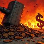 An illustration of a giant hammer smashing down on a pile of worthless coins with broken chains wrapped around them; in the background, flames engulfing an empty cityscape. A large dollar sign is embedded into the ground amidst the destruction. The scene is bathed in dark red and orange hues to convey chaos and despair. In the foreground, fragments of shattered glass reflect shards of light from a setting sun.  Broken chains are strewn about with coins scattered around them as if they were once bound together but now lie broken on the ground.