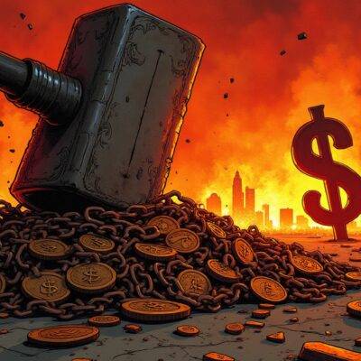 An illustration of a giant hammer smashing down on a pile of worthless coins with broken chains wrapped around them; in the background, flames engulfing an empty cityscape. A large dollar sign is embedded into the ground amidst the destruction. The scene is bathed in dark red and orange hues to convey chaos and despair. In the foreground, fragments of shattered glass reflect shards of light from a setting sun.  Broken chains are strewn about with coins scattered around them as if they were once bound together but now lie broken on the ground.