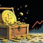 An illustration: A large coin with cracked and broken pieces is shown on top of an empty treasure chest; below it are several smaller coins scattered around a pile of worthless papers representing lost assets; to one side lies a small percentage sign (%) made from the fragments of another coin, while at the other end stands a lone figure looking hopeful in front of a rising graph showing increasing value.  The background is dark with hints of light coming through cracks and broken pieces suggesting hope amidst loss.