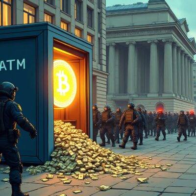 An illustration of a large cryptocurrency ATM with its doors open and cash spilling out onto the ground as 60 officers in riot gear rush towards it from all sides while police cars sirens blaring surround them. In the background several more ATMs are shown being seized by other officials, some still operational but others shut down and covered up. A large Deutsche Bundesbank logo is visible on one of the buildings nearby with a German flag waving above it.