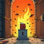 An illustration of a fortress with thick walls and iron gates protecting a safe interior where a hardware wallet is stored on a pedestal. A nearby computer and smartphone are shown being attacked by swarms of insects representing hackers, while flames engulf an exchange-linked wallet in the background. In contrast to this chaos, the secure fortress remains untouched, its doors locked with a keyhole that reads "PIN".