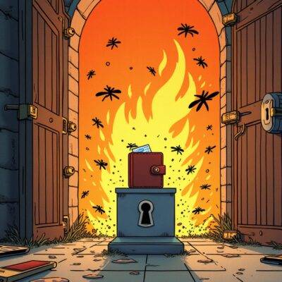 An illustration of a fortress with thick walls and iron gates protecting a safe interior where a hardware wallet is stored on a pedestal. A nearby computer and smartphone are shown being attacked by swarms of insects representing hackers, while flames engulf an exchange-linked wallet in the background. In contrast to this chaos, the secure fortress remains untouched, its doors locked with a keyhole that reads "PIN".