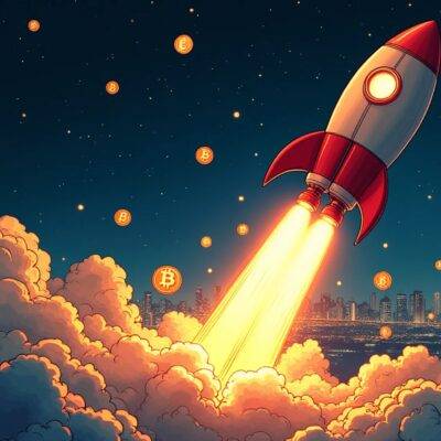 An illustration of a rocket ship blasting off into space with various digital assets and cryptocurrencies floating around it, some already on their way to orbit while others are still falling back down towards Earth; in the background there is an image of a cityscape at night representing growth and expansion. The rocket's trail behind it forms a path that splits into multiple smaller trails as if branching out into different directions signifying diversification and new paths being taken, with some parts forming stars or constellations to represent the future possibilities;