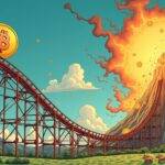 An illustration of a rollercoaster track rising sharply upwards with cryptocurrency symbols (Bitcoin, Ethereum) embedded in the tracks as they twist and turn; at the top, a giant bubble forms around them, bursting into flames that engulf surrounding mountains shaped like dollar signs and interest rate charts; below, memecoins are depicted as tiny dogs chasing each other through fields of green dollars
