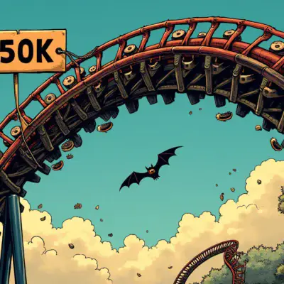 A stylised illustration of a rollercoaster track rising sharply into the sky with a large price tag attached to it reading $150k in bold numbers. In the background, a subtle image of a bat is seen flying away from the chaos below.