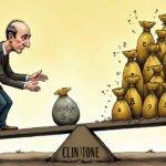 An illustration of a man (David Solomon) standing on one side of a seesaw with the other end occupied by a large pile of money bags labeled 'Goldman Sachs' while he is holding onto a small rock representing Bitcoin, struggling to keep it from falling off as his weight causes the see-saw to tip in favor of the gold coins. The man's face shows concern and determination but also slight desperation.