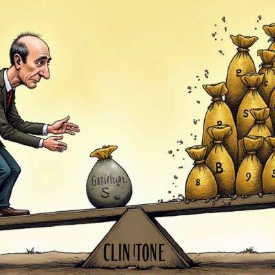 An illustration of a man (David Solomon) standing on one side of a seesaw with the other end occupied by a large pile of money bags labeled 'Goldman Sachs' while he is holding onto a small rock representing Bitcoin, struggling to keep it from falling off as his weight causes the see-saw to tip in favor of the gold coins. The man's face shows concern and determination but also slight desperation.