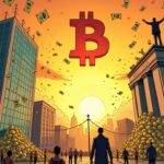 An illustration of Goldman Sachs' headquarters with money bags overflowing from its windows onto the streets below where people are dancing and celebrating amidst confetti while Morgan Stanley's building stands nearby with empty pockets. A hedge fund manager is shown standing on top of it looking worried as a bitcoin symbol rises into the sky above them all, surrounded by rising arrows indicating growth. In the background, a cityscape at sunset glows warmly. The scene conveys excitement and optimism about investments in cryptocurrency despite volatility.