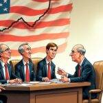 An illustration of Goldman Sachs economists sitting around a table looking relieved and smiling as they adjust their recession probability charts downward. A US flag in the background with rising stocks and falling unemployment lines above it. In contrast, JP Morgan's chief global economist Bruce Kasman is shown standing off to one side, arms crossed and frowning at his own chart still showing high recession probabilities