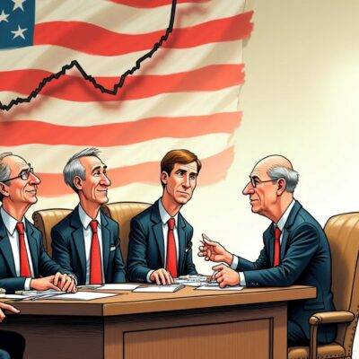 An illustration of Goldman Sachs economists sitting around a table looking relieved and smiling as they adjust their recession probability charts downward. A US flag in the background with rising stocks and falling unemployment lines above it. In contrast, JP Morgan's chief global economist Bruce Kasman is shown standing off to one side, arms crossed and frowning at his own chart still showing high recession probabilities