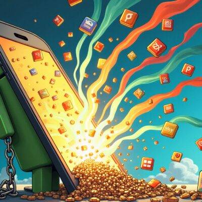 An illustration of an Android device with its digital gates wide open and various app icons spilling out, while others are shown being downloaded from outside sources through different pathways; some apps have chains broken off them as if they were previously locked. In the background a giant key is seen turning to unlock more possibilities. A faint image of Google's Play store logo can be seen in the distance with its gates closed and padlocked. The Android device itself has various colorful streamers flowing out from it, symbolizing freedom and flexibility for users and developers alike.