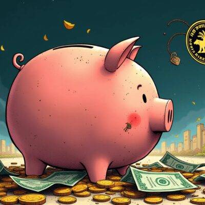 An illustration of a large piggy bank with three broken locks on it surrounded by scattered coins and bills while Google Pay, Amazon Pay, Phonepe logos are shown in shambles at its base. A faint image of the RBI's digital rupee logo is seen being blown away like autumn leaves as if carried off by an unseen force. In the background a subtle depiction of declining transaction volumes can be observed with falling graphs and dwindling numbers written on them, all set against a darkening sky that hints at impending doom.