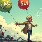 An illustration of an old man holding onto two balloons with 'TAO' and 'SUI' written above them as they float away into thin air; he is surrounded by broken chains and shattered glass on the ground. A faint image of a blockchain in the background appears to be crumbling apart, while nearby AI robots are shown malfunctioning or falling over. The old man's face shows frustration and despair. In contrast, two younger figures stand at a distance watching with indifference as they hold onto smartphones displaying 'Grayscale' logos on their screens;