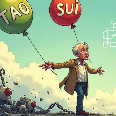 An illustration of an old man holding onto two balloons with 'TAO' and 'SUI' written above them as they float away into thin air; he is surrounded by broken chains and shattered glass on the ground. A faint image of a blockchain in the background appears to be crumbling apart, while nearby AI robots are shown malfunctioning or falling over. The old man's face shows frustration and despair. In contrast, two younger figures stand at a distance watching with indifference as they hold onto smartphones displaying 'Grayscale' logos on their screens;