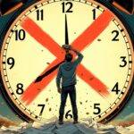 An illustration of a large clock striking midnight with its hands pointing to 12:00 AM in the background; A giant red "X" marked through it. In front of this scene is an image of a person holding onto their hat while being blown away by strong winds, amidst falling leaves and debris from what appears to be autumnal trees. The figure stands on top of a large pile of scattered papers with financial charts and graphs visible among them. A faint outline of the Solana blockchain logo can be seen in the distance at the bottom right corner of the image.